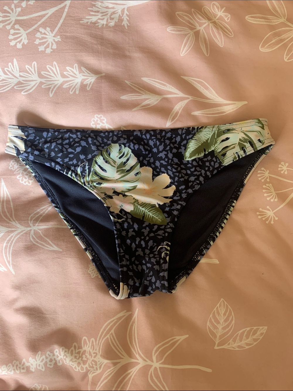 Roxy Navy Bikini Bottom with Green Tropical Leaves